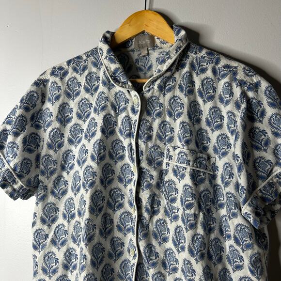 J. Crew Short Sleeve Linen Blend Pajama Set Bouquet Block Print Women's Large - Picture 3 of 13